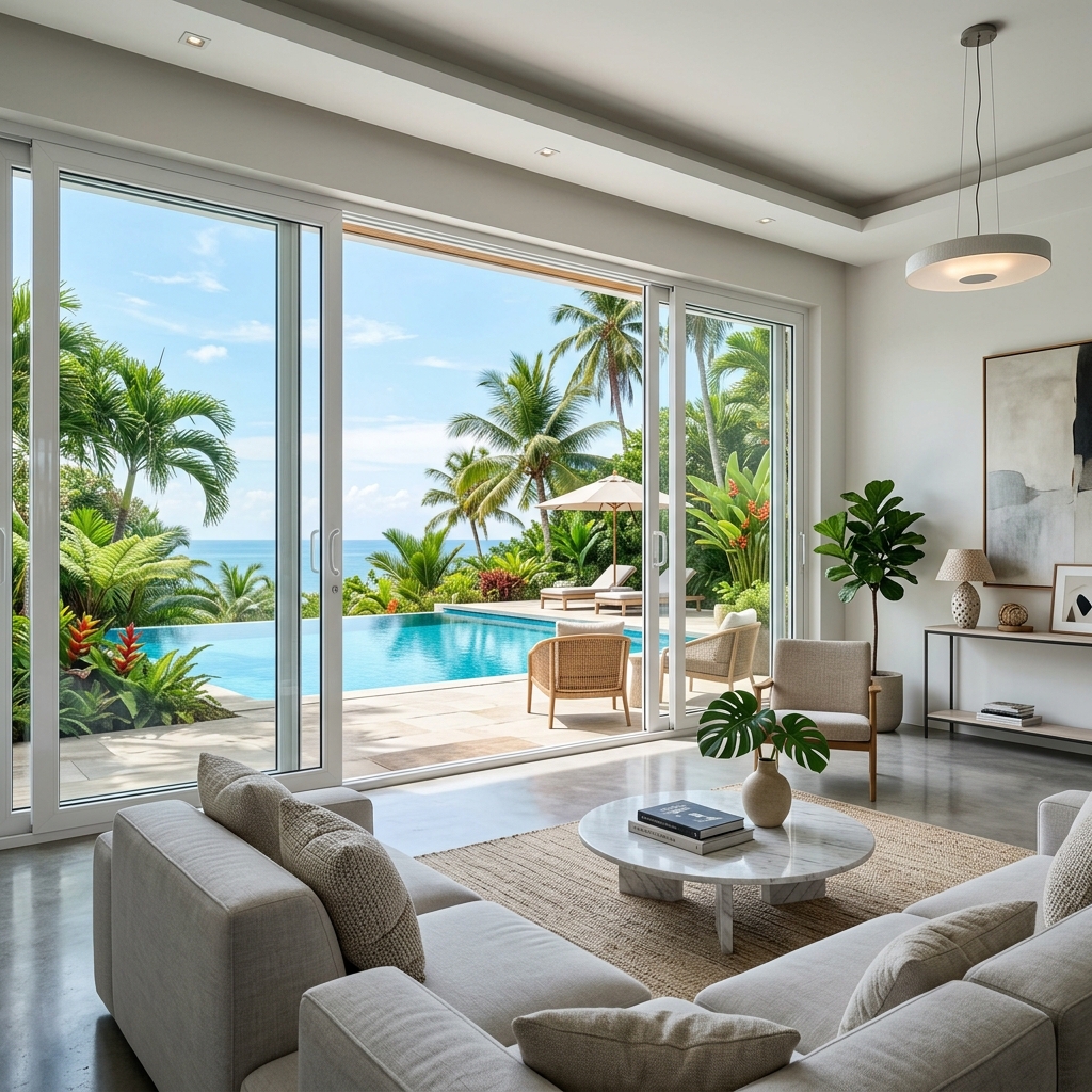 Large uPVC sliding glass doors overlooking tropical garden