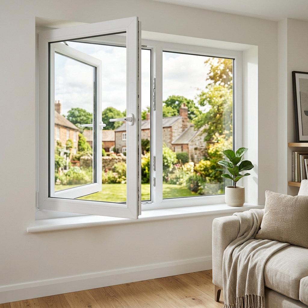 Open uPVC casement window letting in sun